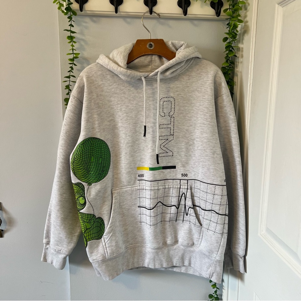 Gray Hoodie Sweatshirt with Green Graphic Print